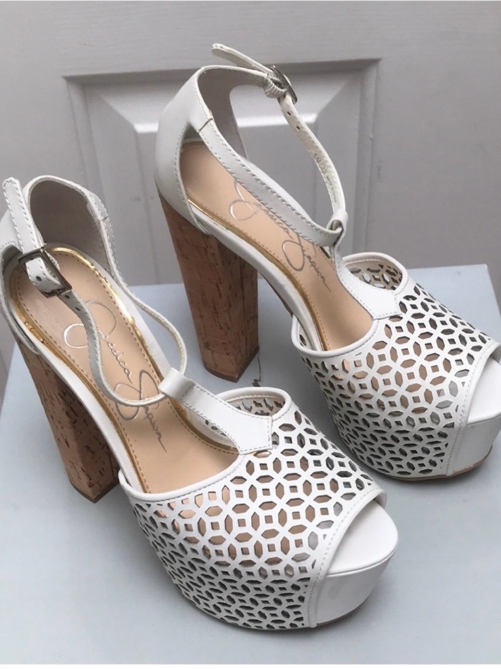 Jessica Simpson White Laser-Cut Platform Sandals